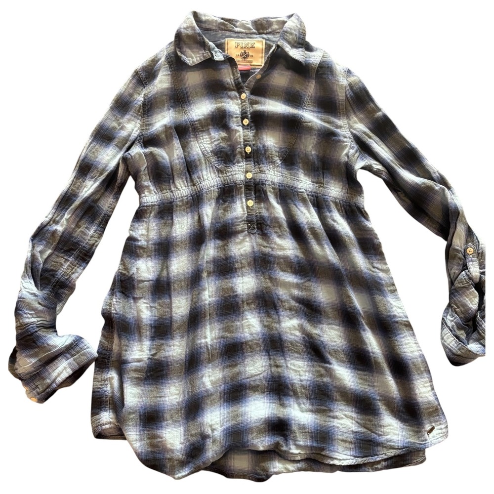 Victoria's Secret PINK Blue Plaid Empire Waist western Top Long Sleeve  babydoll